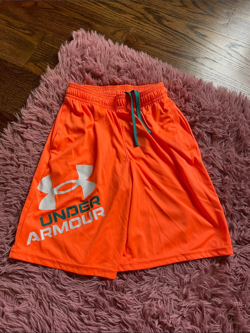 Under Armour Men’s Bright Orange Athletic Shorts with Teal Drawstring